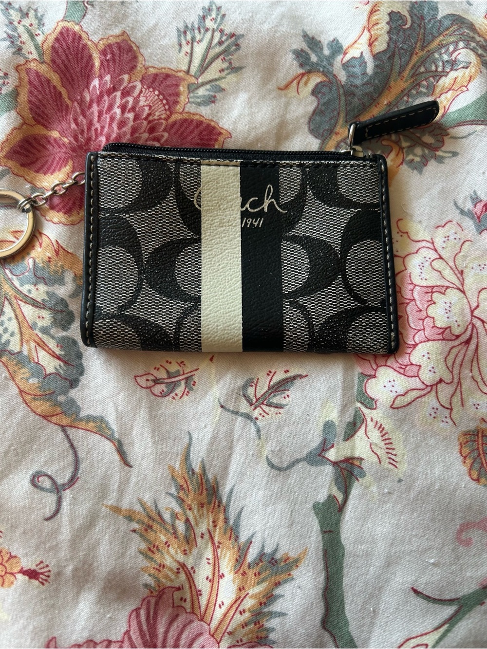 Coach Black and White Signature Stripe Key & Card Case